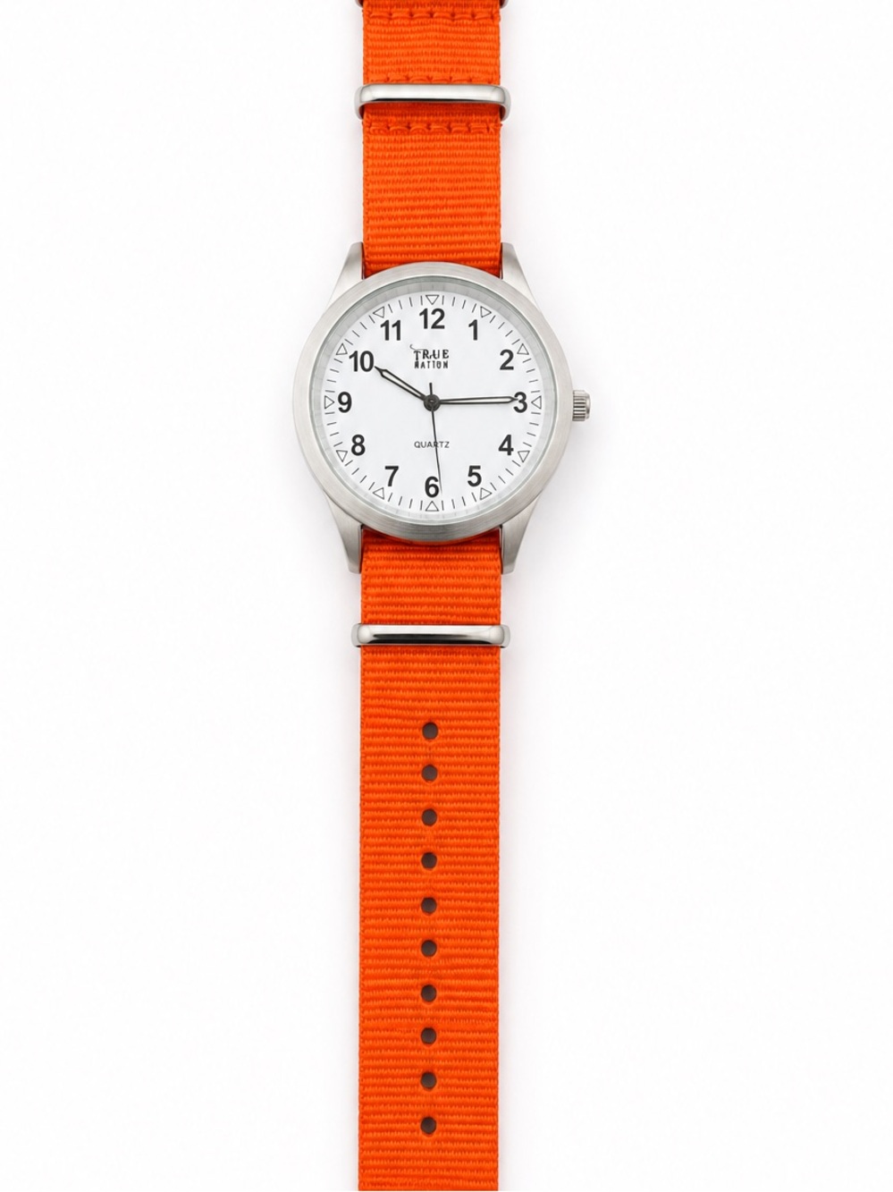 True Nation Quartz Watch Orange NATO Strap White Dial Silver Tone Needs Battery